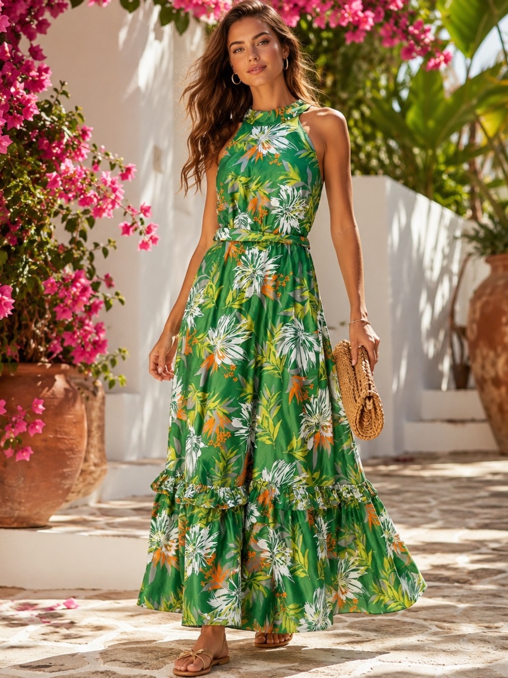 Lauren Ralph Lauren Tropical Halter Maxi Dress Open Back Ruffle Hem Size 8